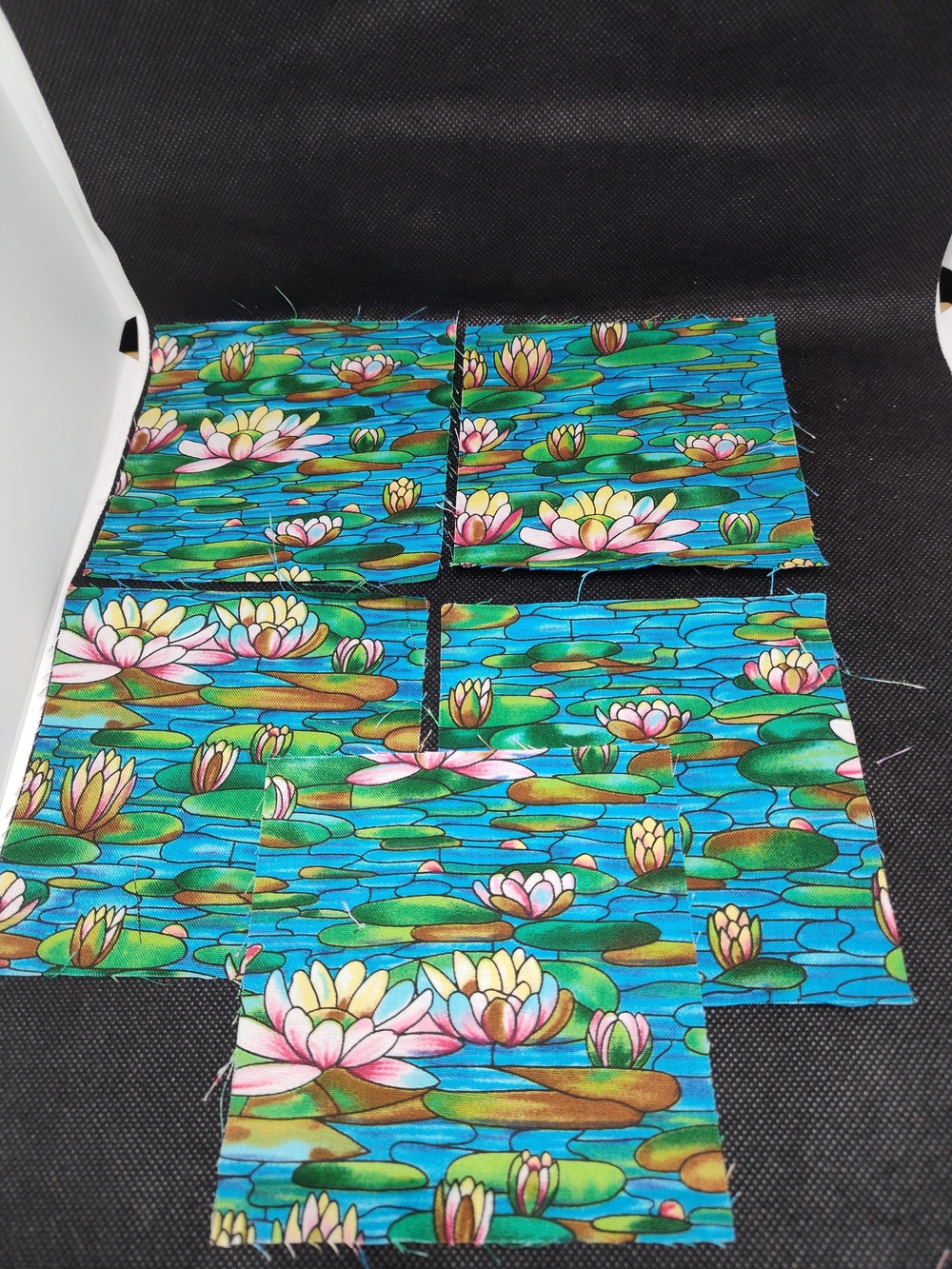 5 4.50 Floral Water Lily Cotton Fabric Squares - Blue Green